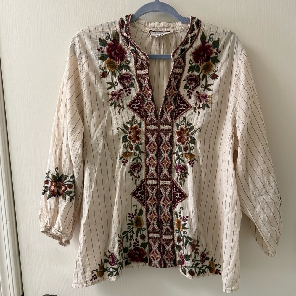 Johnny Was Workshop Cream Floral Embroidered Blouse XL